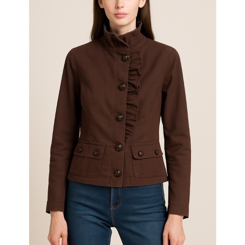 Anthropologie ELEVENSES Jacket Womens Brown Ruffle Zipper Button Lined SZ 8